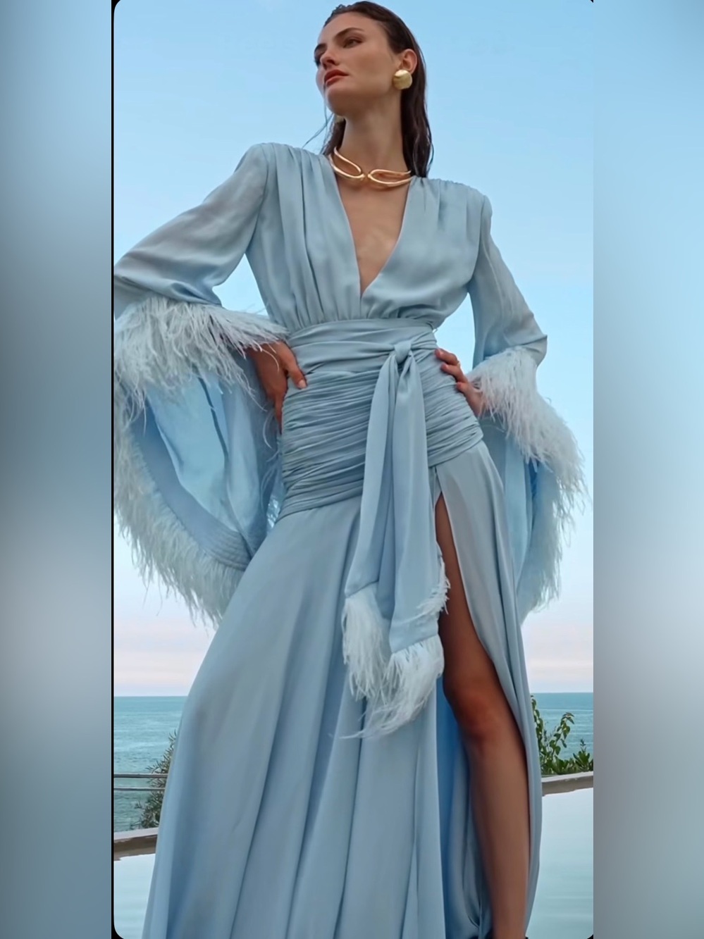 Bronx and Banco Geisha Ostrich Feather-Trim Gown in Powder Blue
